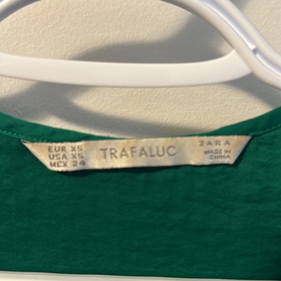 Zara- Trafaluc collection- emerald green satin like button up blouse with tie - Picture 3 of 4